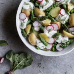 spring potato salad with lemon & roasted garlic maio dressing