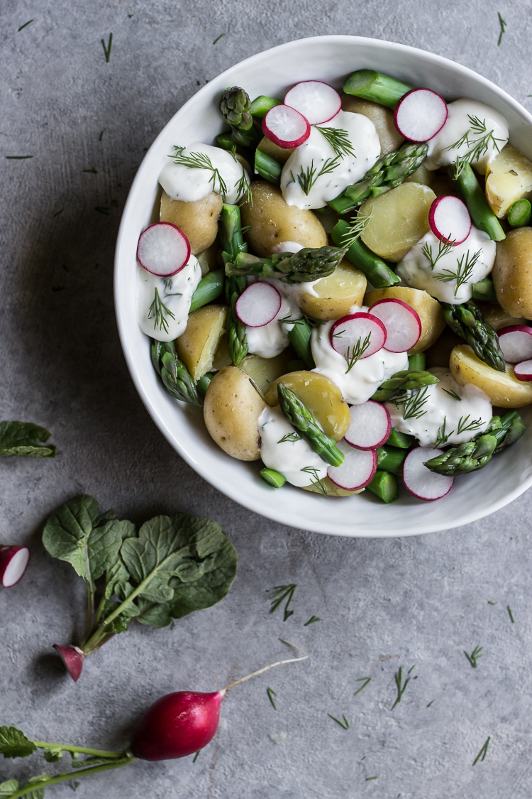 spring potato salad with lemon & roasted garlic maio dressing