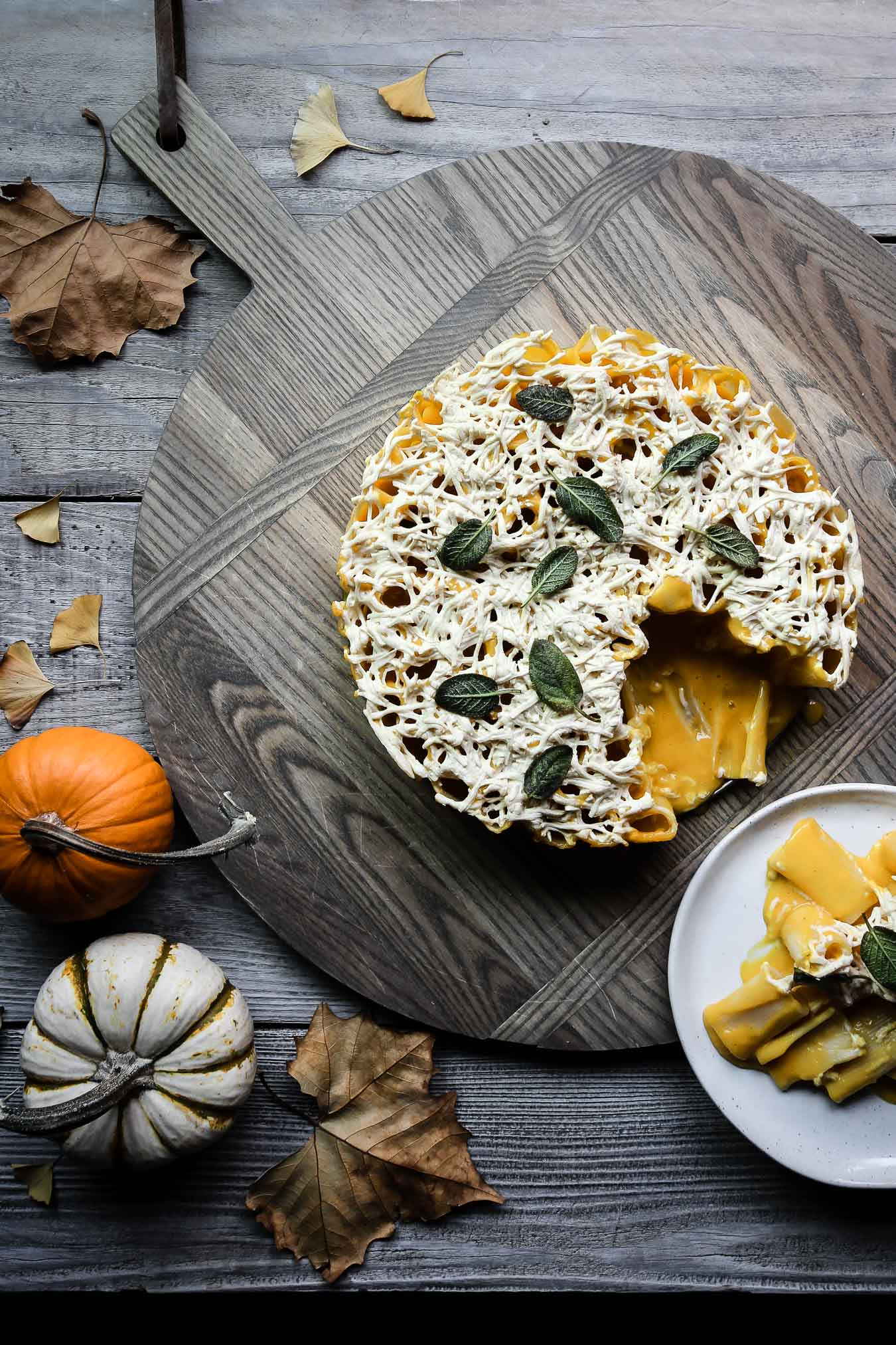 vegan cheesy pumpkin rigatoni pie