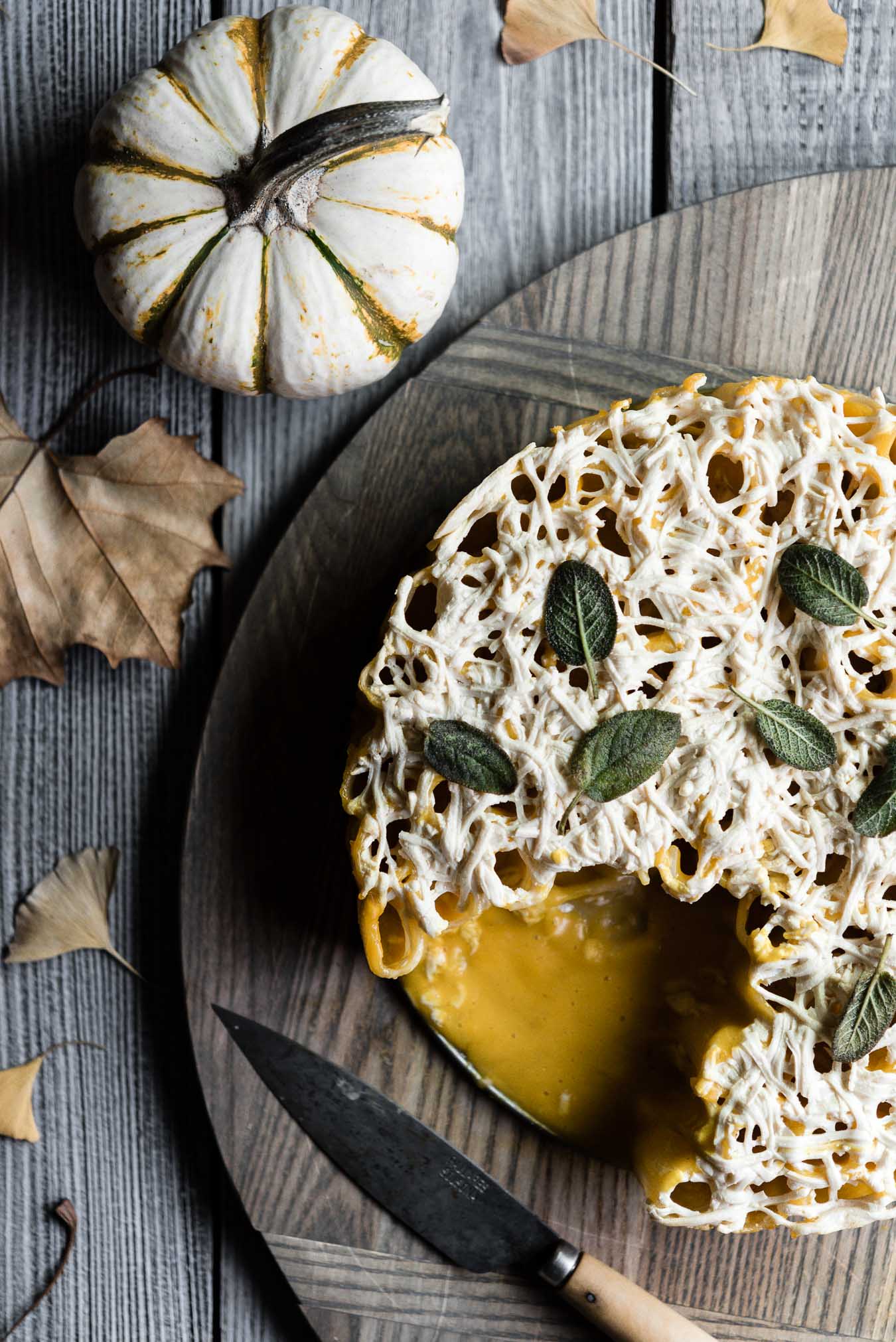 vegan cheesy pumpkin rigatoni pie