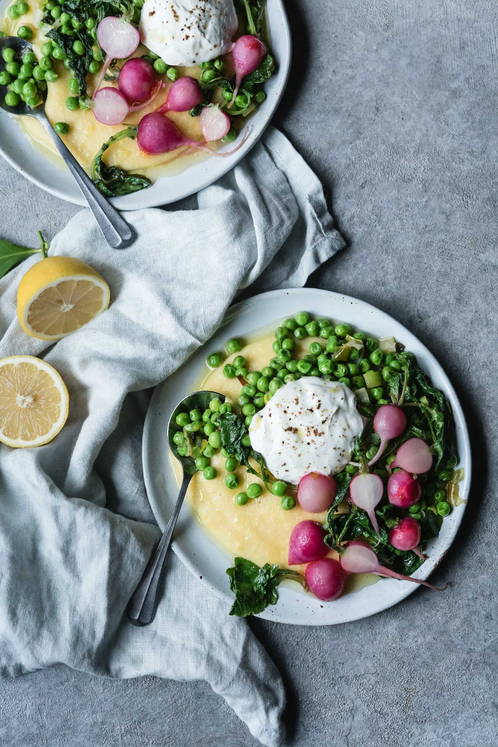 lemony polenta with peas, radishes & yogurt