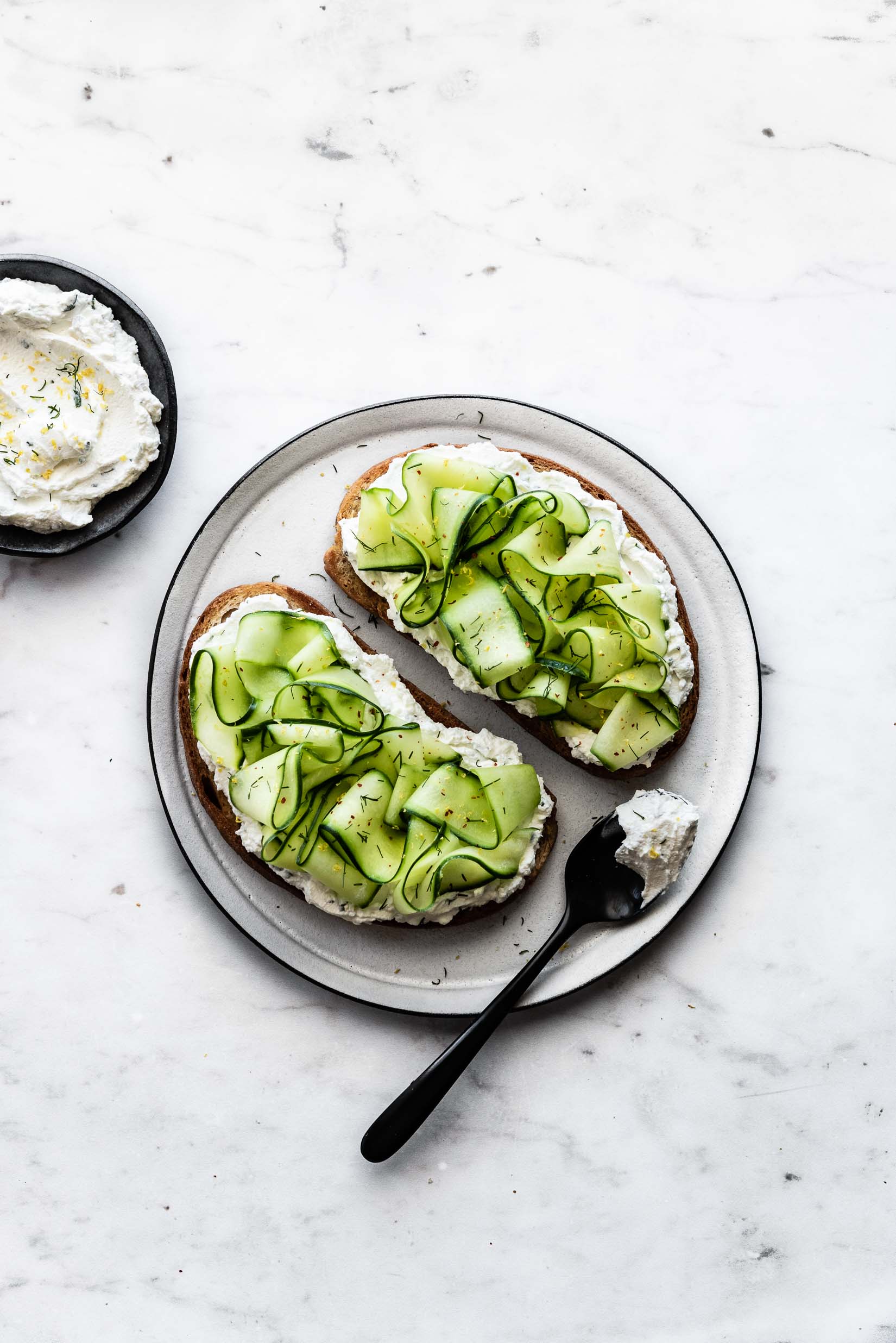shaved cucumber lemon herb labneh toast