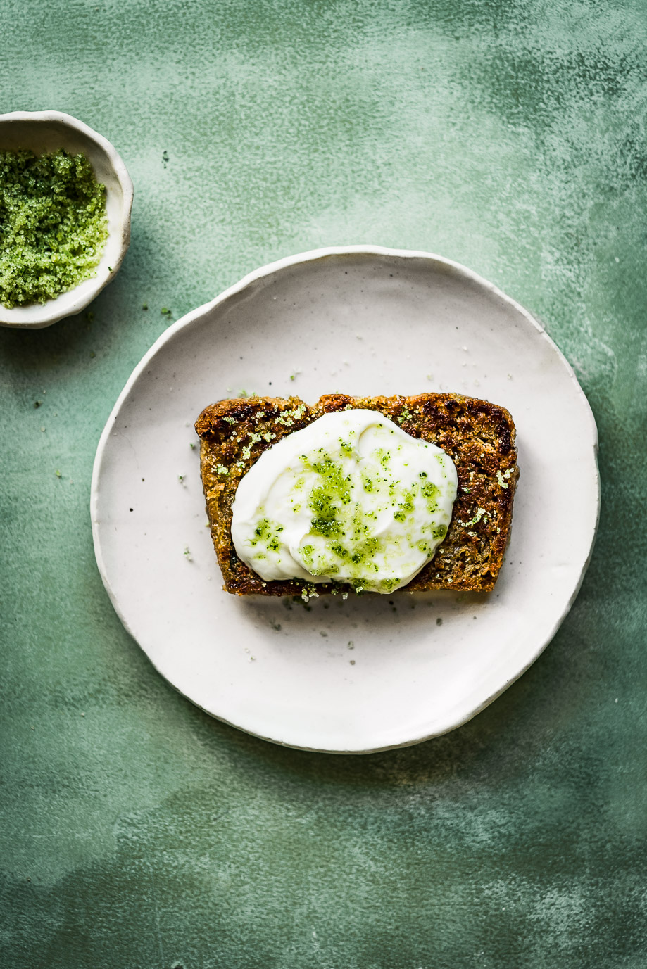 lemon basil zucchini bread with creme fraiche & basil sugar