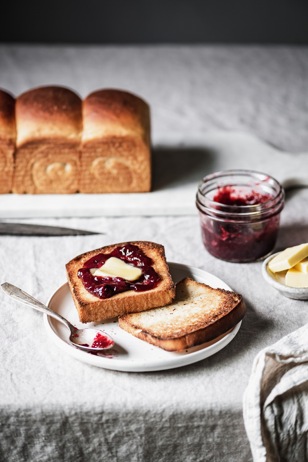 Sourdough Japanese Milk Bread toast with butter & jam