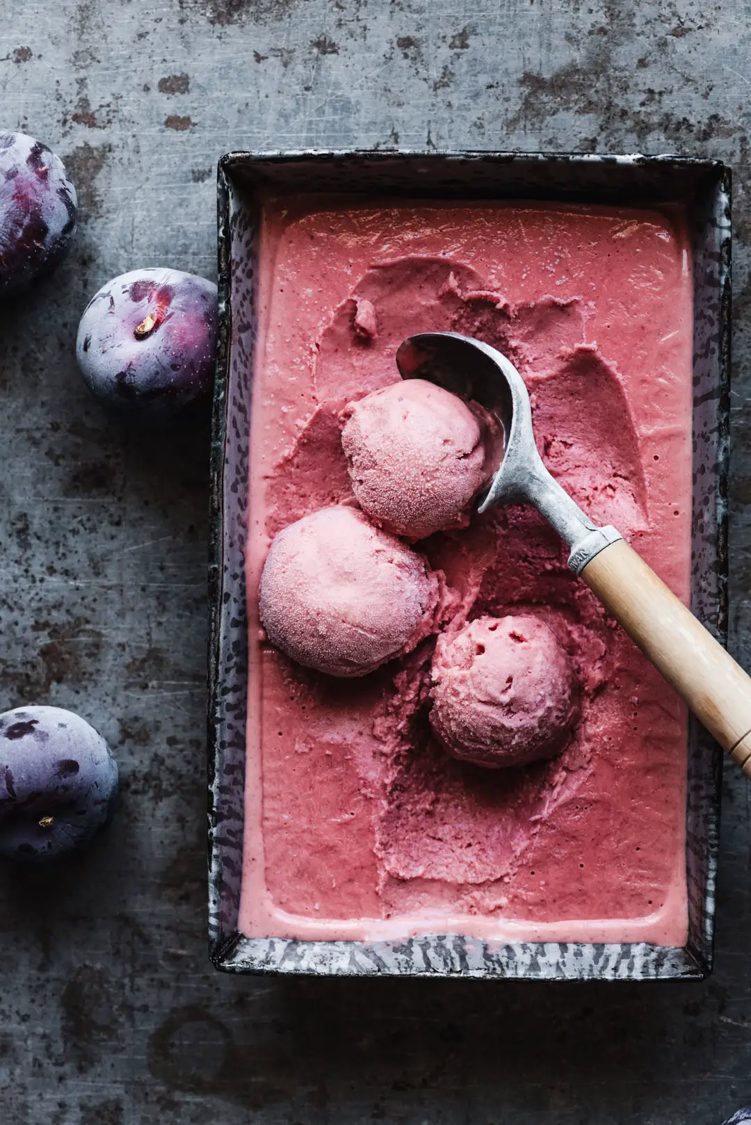 SIMPLE PLUM SHERBET - Not to be mistaken with sorbet, sherbet is a creamy frozen fruit dessert that you should be sure to enjoy this summer! This simple plum version is sweet, slightly tart, perfectly creamy and can be made without an ice cream maker!