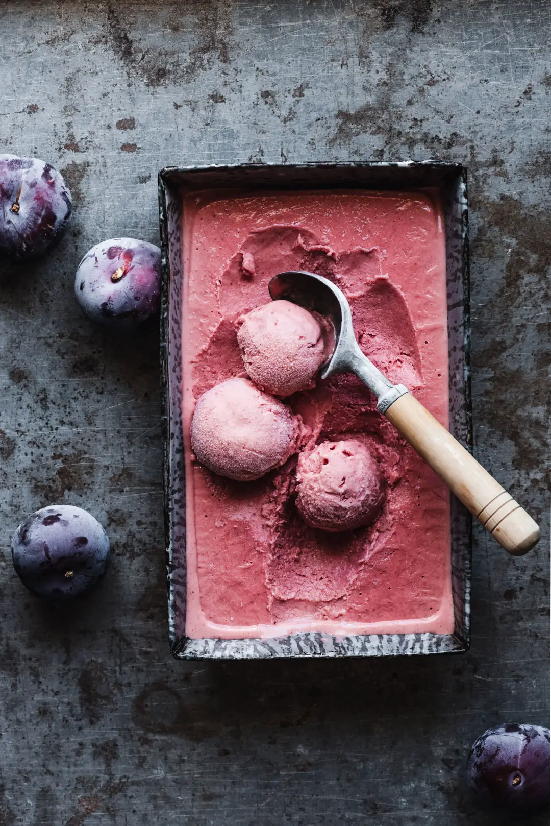 SIMPLE PLUM SHERBET
Not to be mistaken with sorbet, sherbet is a creamy frozen fruit dessert that you should be sure to enjoy this summer! This simple plum version is sweet, slightly tart, perfectly creamy and can be made without an ice cream maker!