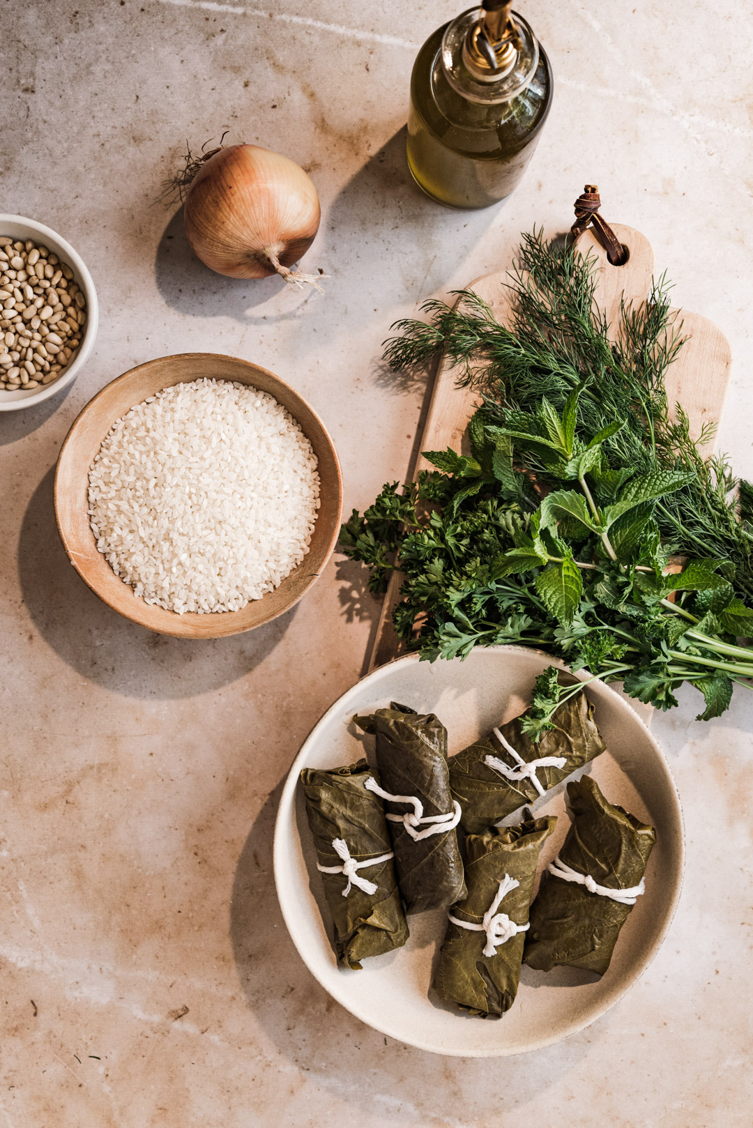 ingredients for dolmades gialantzi - stuffed grape leaves