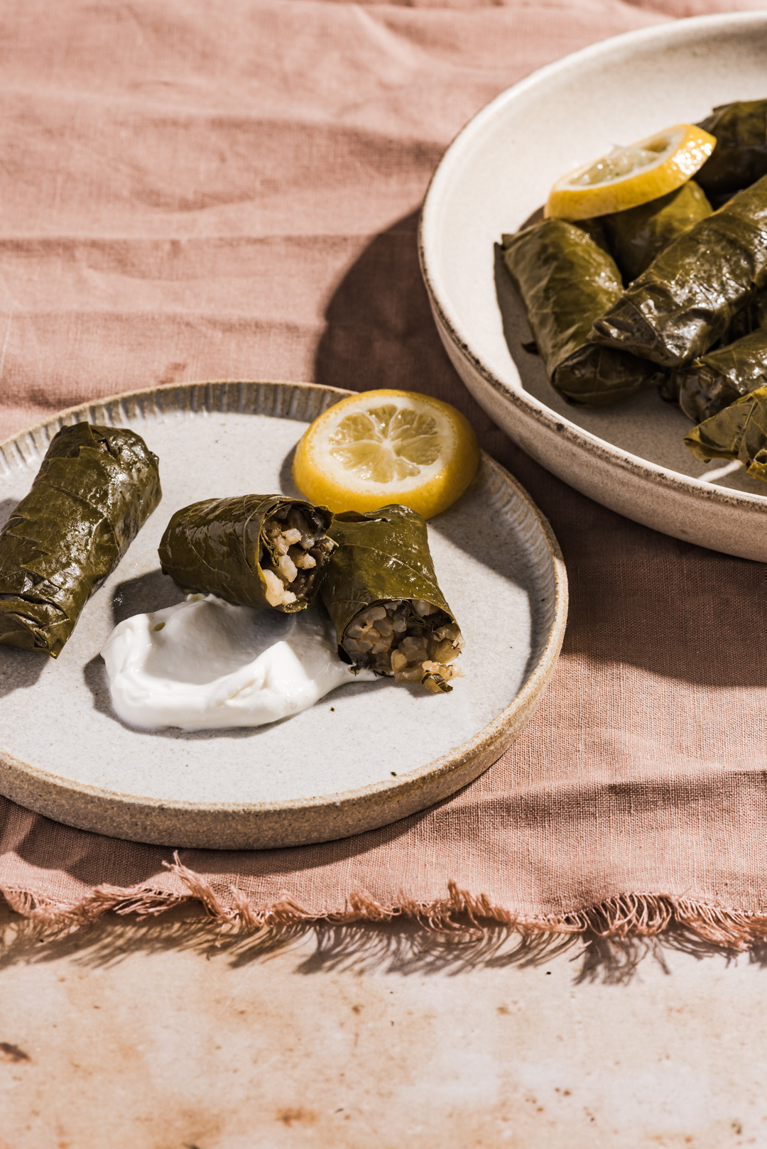 A favorite dish in Greece, these dolmades gialantzi - stuffed grape leaves are flavored with fresh herbs, onion, lemon, tomato & pine nuts.