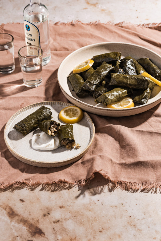 A favorite dish in Greece, these dolmades gialantzi - stuffed grape leaves are flavored with fresh herbs, onion, lemon, tomato & pine nuts.