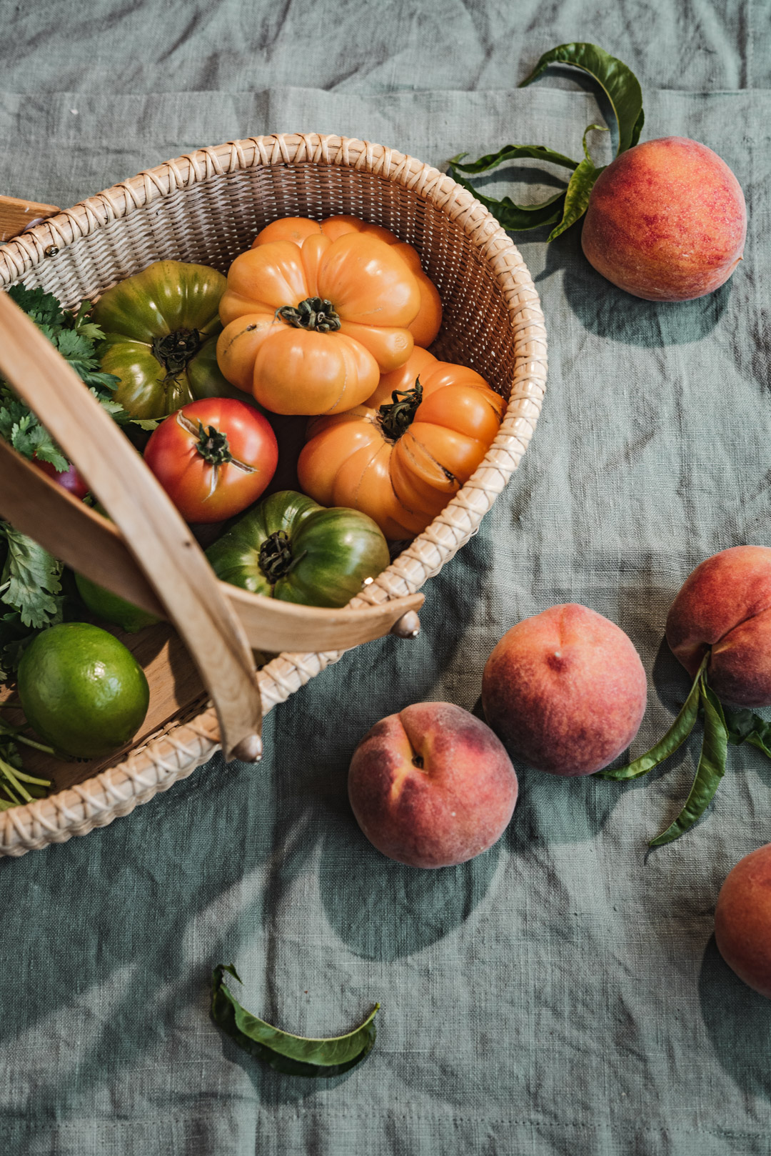 summer harvest: tomatoes + peaches + cilantro + limes