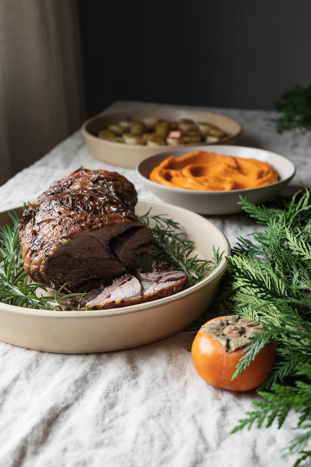 Slow Braised Leg of Lamb with Leek Confit & Sweet Potato Puree